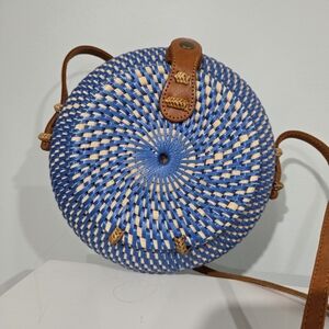 Blue and Tan Woven Round Bag